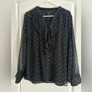 Ann Taylor Black Blouse with Gold Dots and Ruffle